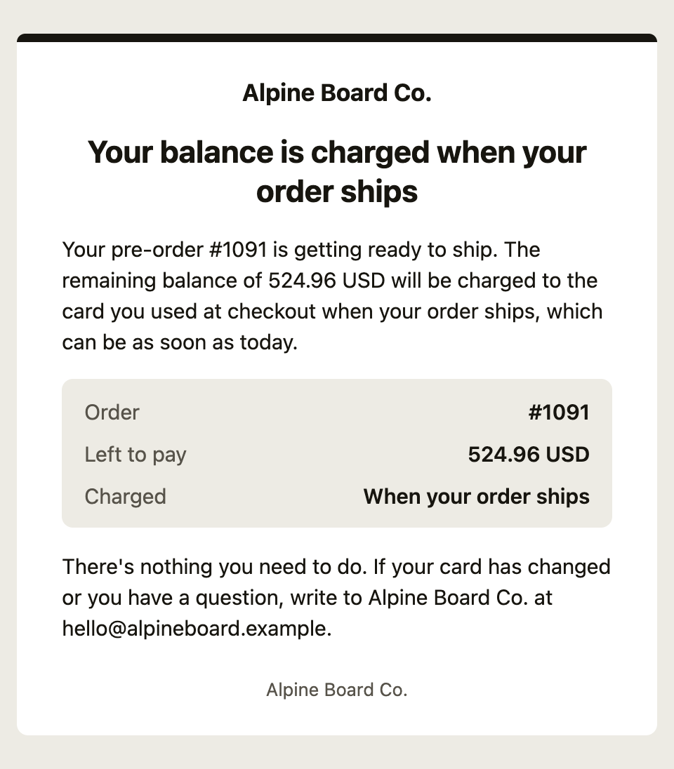 The email a customer gets before the balance is charged